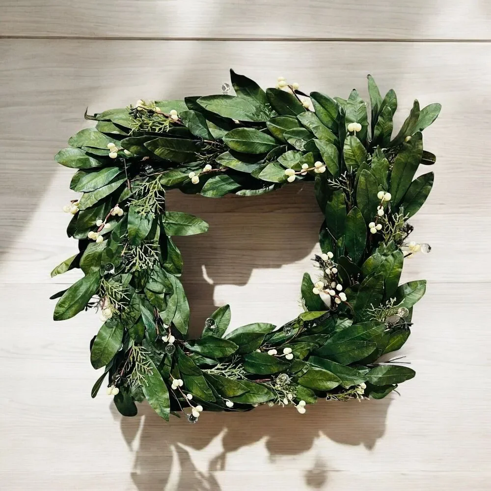 Pottery Barn 16” BAY LEAF Square Crystal Wreath NWOT